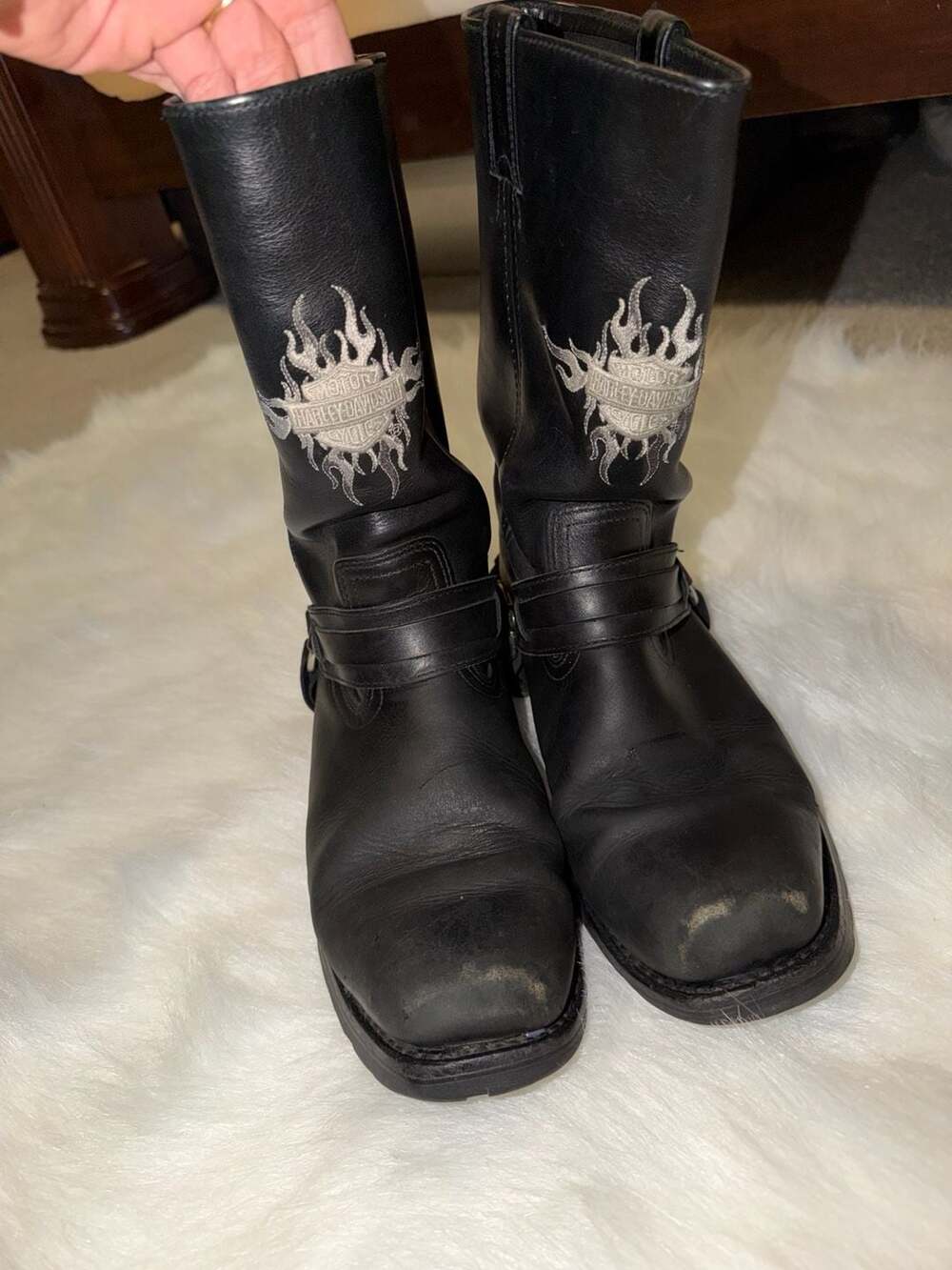 Harley-Davidson Black Leather Flame Embroidered Motorcycle Boots